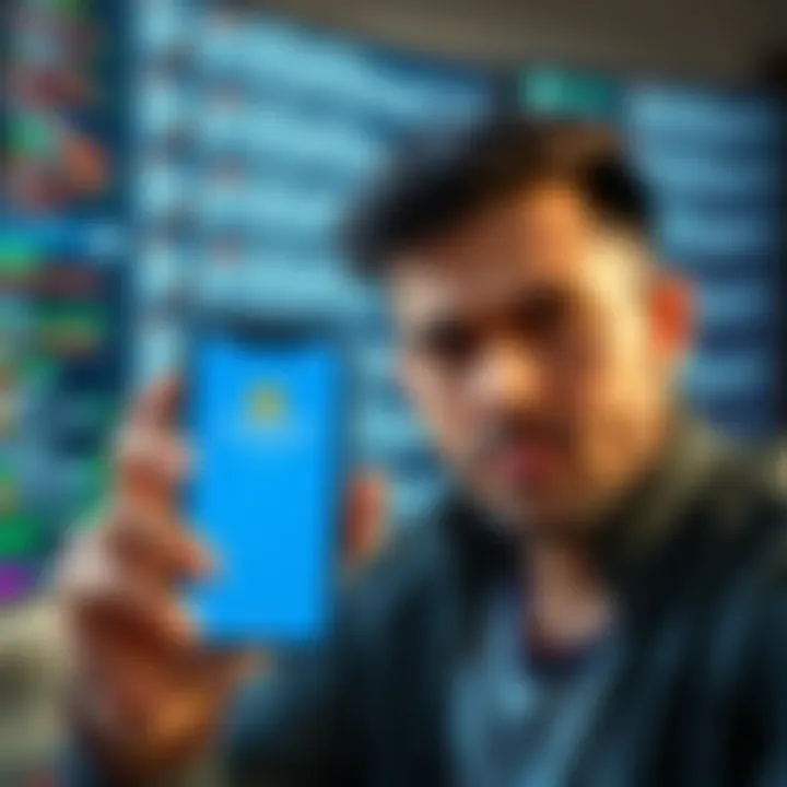 A person looking frustrated while holding a phone showing the Coinbase app, with a blurred background of a computer screen displaying error messages.