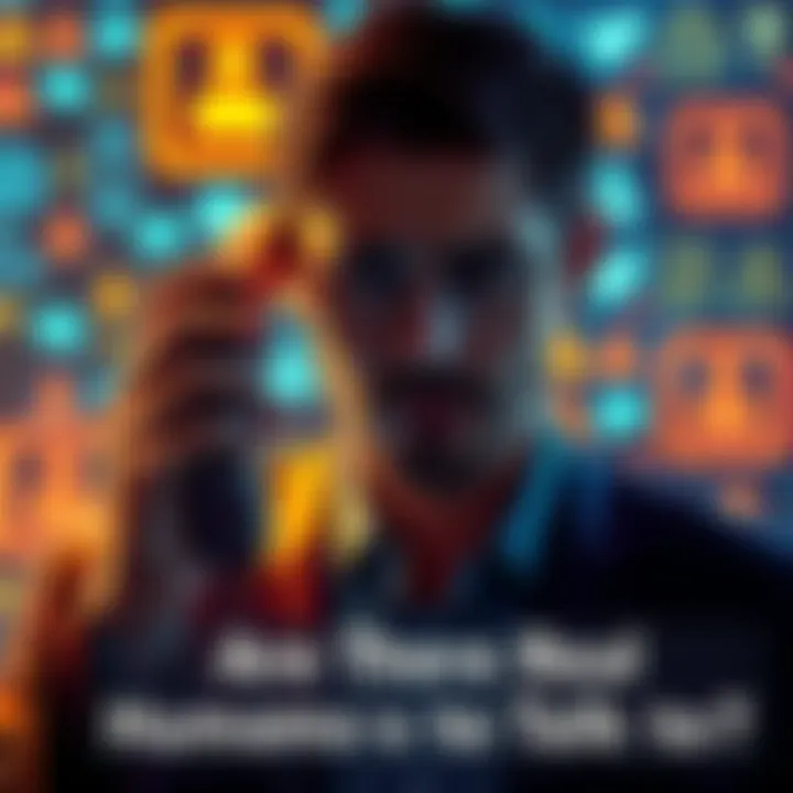 A person on a phone looking frustrated with a backdrop of automated response symbols