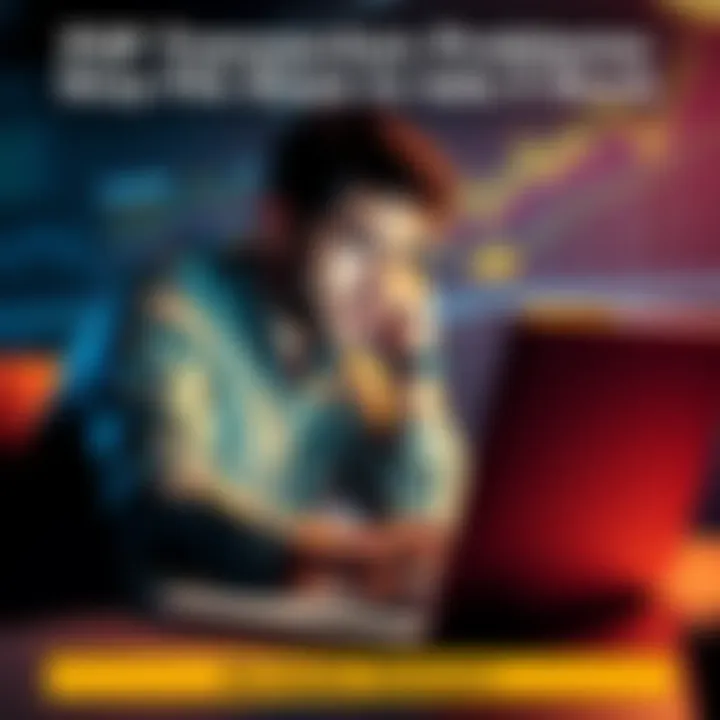 A person looking stressed while using a laptop to deal with P2P crypto transaction issues on Binance, surrounded by charts and graphs