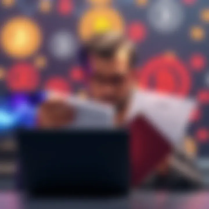 A crypto holder looks upset while holding claims documents related to Mashinsky, with a backdrop of cryptocurrency symbols and a laptop showing asset loss.