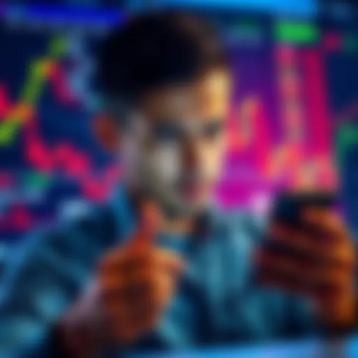 A person looking stressed while using a smartphone with cryptocurrency exchange graphics in the background