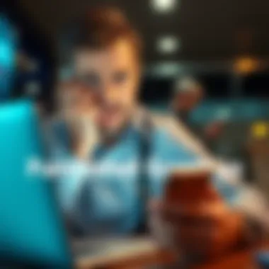 A frustrated person holding a phone with a worried expression while looking at a laptop, symbolizing issues with a chargeback process.