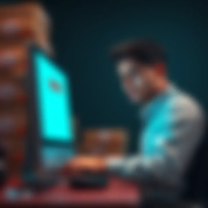 A customer looking upset while checking their canceled order on a computer screen, with a stack of unprocessed packages in the background.
