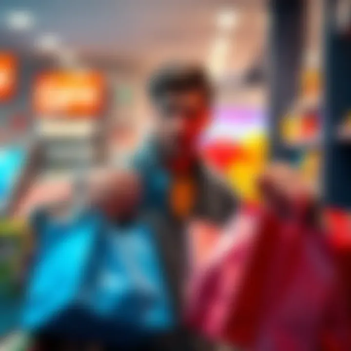 A person looking distressed at a checkout counter, holding a blocked card and surrounded by shopping bags, symbolizing blocked transactions and lack of support from Curve.
