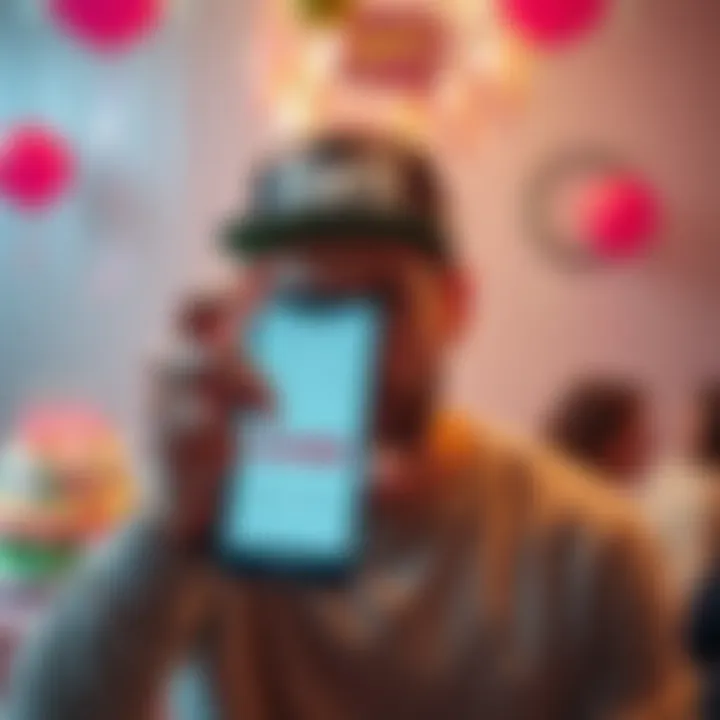 A person looks distressed while holding a smartphone displaying a closed banking app, with a birthday celebration backdrop.