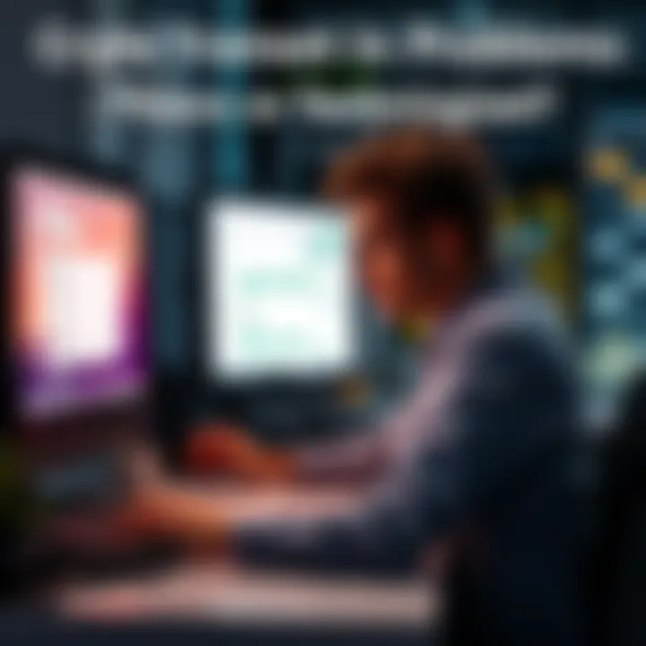 A person sitting at a desk, frustrated while checking their computer screen showing pending crypto transactions and customer service chat.