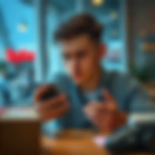 A person looking disappointed while checking their phone for a missing tracking number from an online order. They sit at a table with a package in sight, showing signs of frustration.