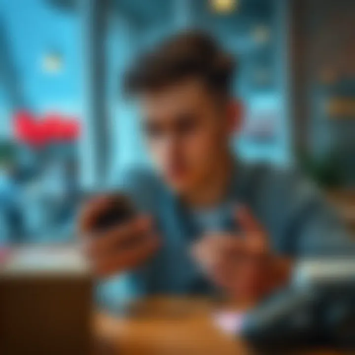 A person looking disappointed while checking their phone for a missing tracking number from an online order. They sit at a table with a package in sight, showing signs of frustration.