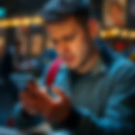 A customer looking frustrated while checking their phone for a transfer update, surrounded by bills