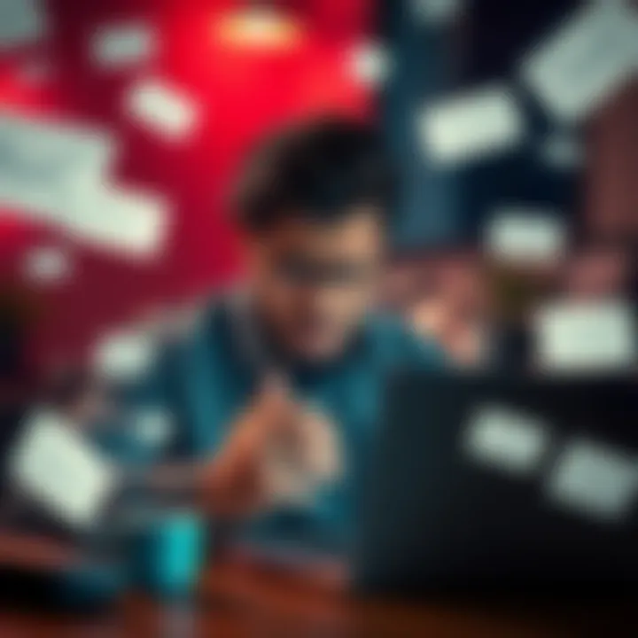 Frustrated customer expressing concern A person looking frustrated while using a laptop, surrounded by emails and phone calls related to customer service issues.