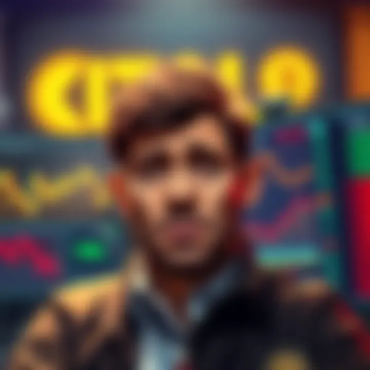 A determined investor looking at Dogecoin charts with a worried expression, surrounded by screens displaying market data.