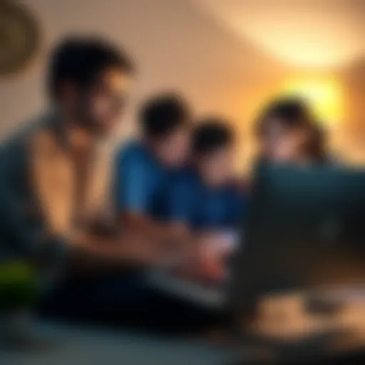 Frustrated family looking at their computer A family sits around a computer expressing confusion and frustration over blocked transfers in their bank account