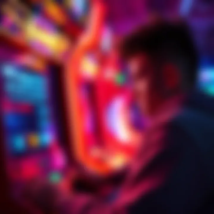 Frustrated gamer at arcade machine A gamer looks disappointed while playing an arcade game, showing a screen that indicates no payout despite achieving a milestone.