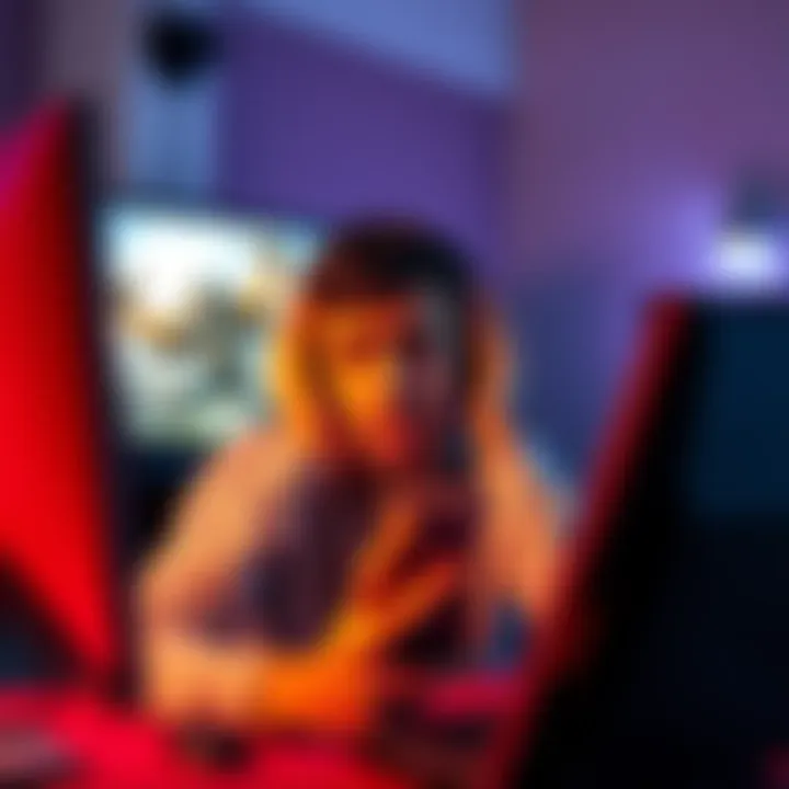 A person displaying frustration while playing a video game, with a computer screen showing an intense gaming scene in the background