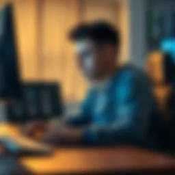 Frustrated Gamer Looking at Screen A gamer sitting in front of a computer with a frustrated expression, staring at a stuck 'looking for opponent' screen.