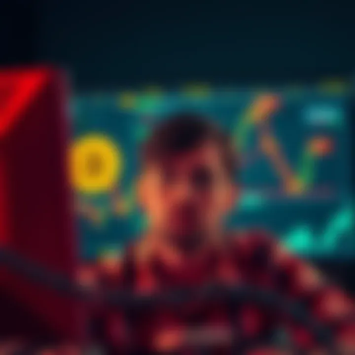 A person looking worried at a computer screen displaying Bitcoin market charts, symbolizing financial struggles in crypto investing.