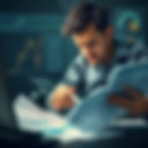 A person looking stressed while analyzing financial charts and documents, showing concern over investments.