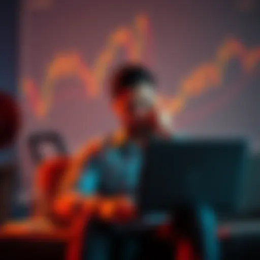 An investor sitting with a laptop, looking disappointed while analyzing Bitcoin price charts, contemplating travel plans.