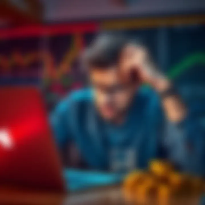 A beginner investor visibly frustrated while analyzing cryptocurrency charts on a laptop