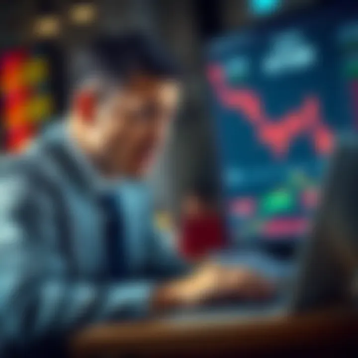Frustrated Investor Looking at Stock Graph An investor looks worried while viewing a declining stock graph on their laptop.