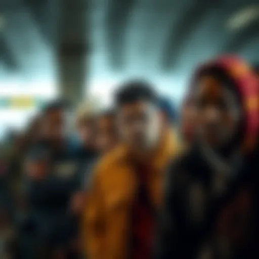 A group of people waiting in a long line, showing expressions of frustration and concern about migration delays.