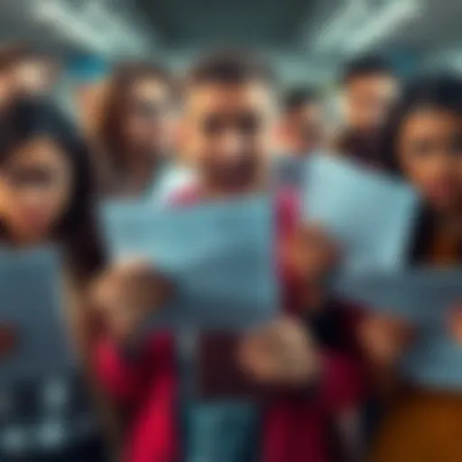 A group of frustrated people holding survey forms with expressions of disappointment, highlighting dissatisfaction over reward policies.