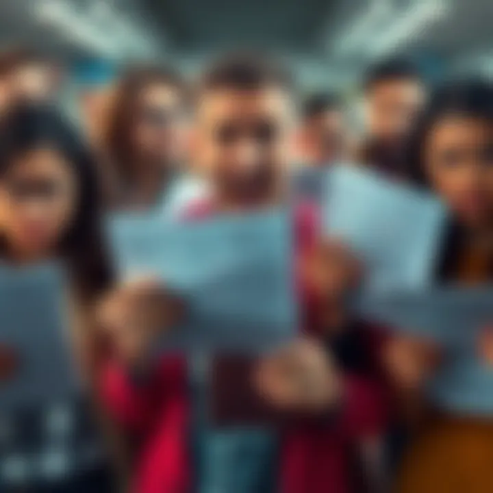 A group of frustrated people holding survey forms with expressions of disappointment, highlighting dissatisfaction over reward policies.