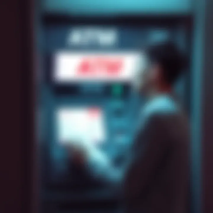 A person looking confused and upset while standing at a binational ATM, holding a receipt and searching for help online.