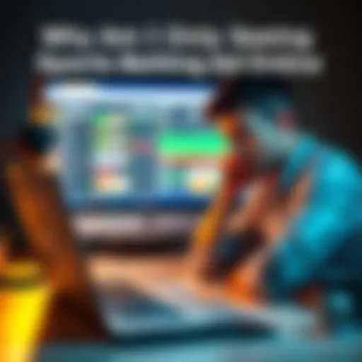 A person sitting at a desk with a laptop, showing sports betting ads on the screen, looking frustrated and confused about the targeted advertising.