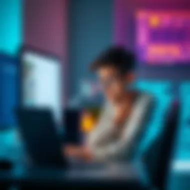 Frustrated person looking at a computer screen A person sitting at a desk with a laptop, showing a look of disappointment while reviewing low earnings from surveys and ads