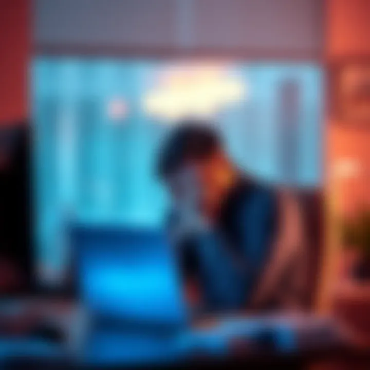 A person looking frustrated while sitting at a desk with a laptop, showing signs of disappointment and exhaustion from being screened out of surveys.