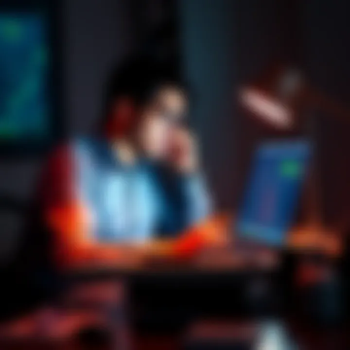 Individual sitting at a desk, looking stressed while trying to recover a Bitcoin wallet password on a laptop