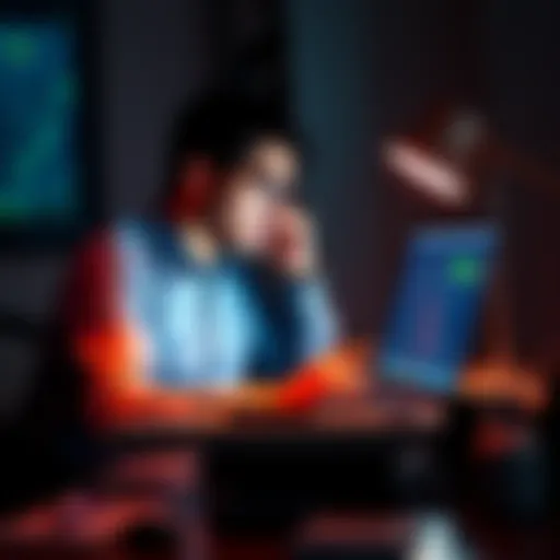 Person looking frustrated at computer Individual sitting at a desk, looking stressed while trying to recover a Bitcoin wallet password on a laptop