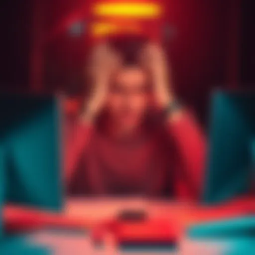 A person looking upset while sitting at a computer desk, hands on their head with a survey page on the screen, symbolizing frustration with misleading survey times.