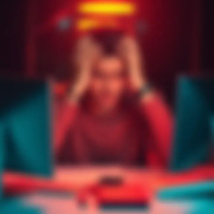 Frustrated person at a computer A person looking upset while sitting at a computer desk, hands on their head with a survey page on the screen, symbolizing frustration with misleading survey times.