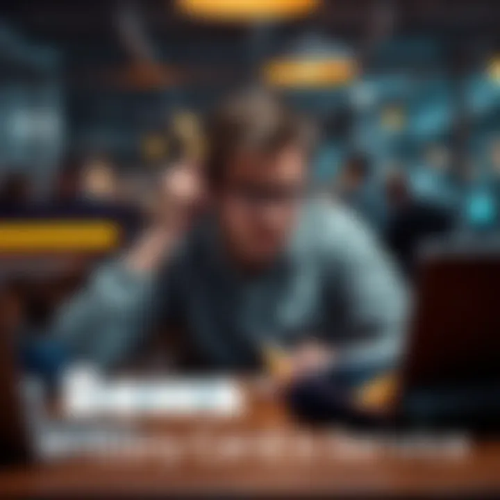 A frustrated person sitting at a table with their credit card, looking upset while on the phone with customer service.