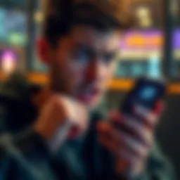 A person looking stressed while using a smartphone, displaying a screen with a cryptocurrency wallet and USDC, symbolizing difficulty cashing out due to lack of SOL for transactions.