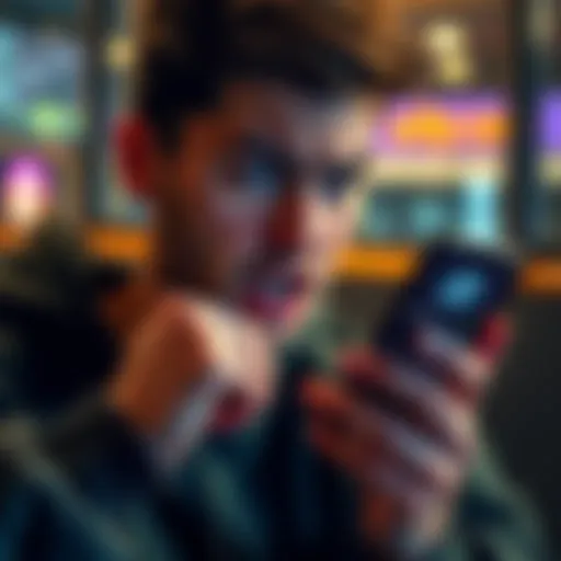 A person looking stressed while using a smartphone, displaying a screen with a cryptocurrency wallet and USDC, symbolizing difficulty cashing out due to lack of SOL for transactions.