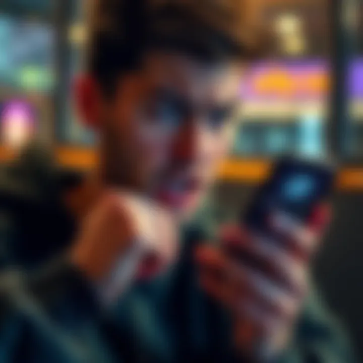 A person looking stressed while using a smartphone, displaying a screen with a cryptocurrency wallet and USDC, symbolizing difficulty cashing out due to lack of SOL for transactions.