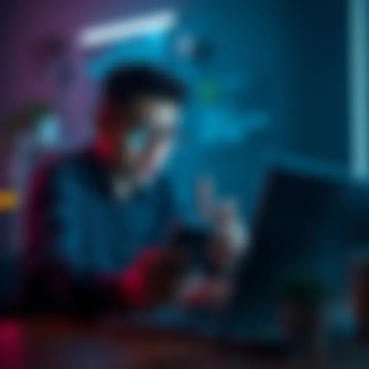 A person looking annoyed while checking multiple firmware updates on a smartphone and laptop