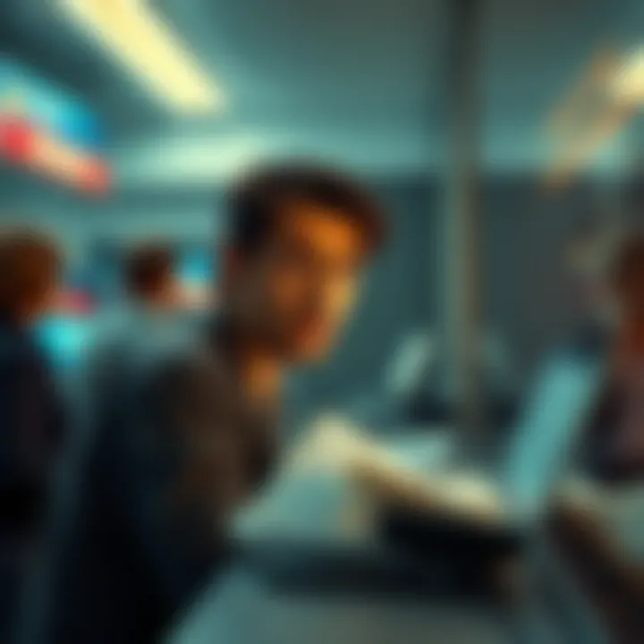 A person looks annoyed while waiting at a service counter, surrounded by paperwork and a digital screen displaying verification status.