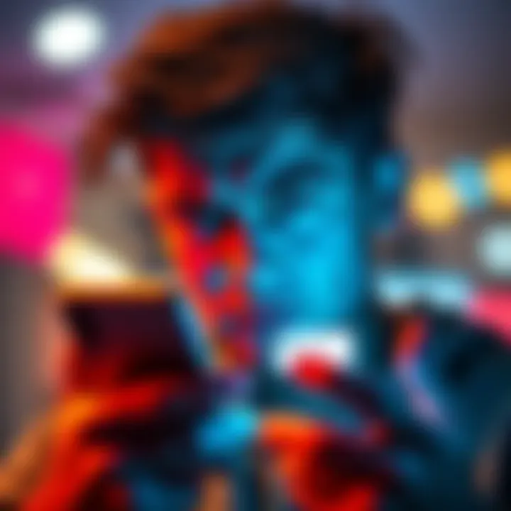 A person showing frustration while looking at a phone with a photo request notification on the screen