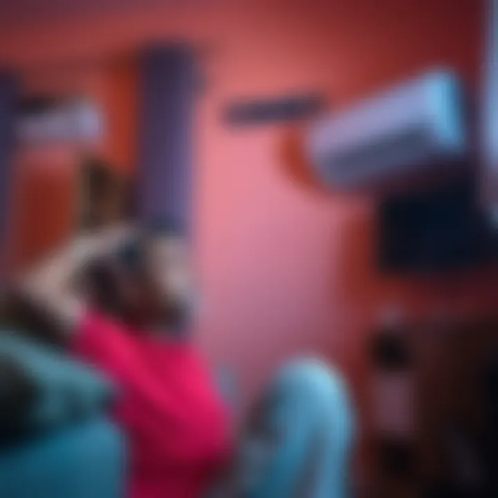 A resident sits in a hot apartment, looking upset as their broken air conditioning unit is seen in the background.