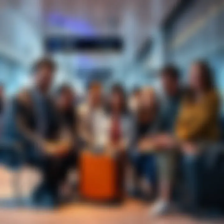 Group of unhappy travelers discussing reduced benefits at an airport lounge