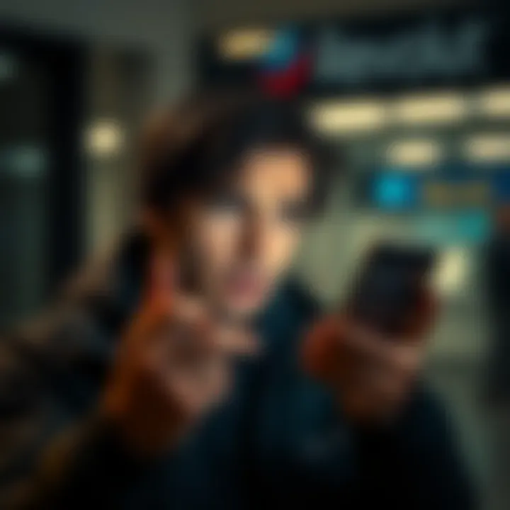 A person looking frustrated while using a smartphone showing the Revolut app, highlighting the lack of cash deposit options.