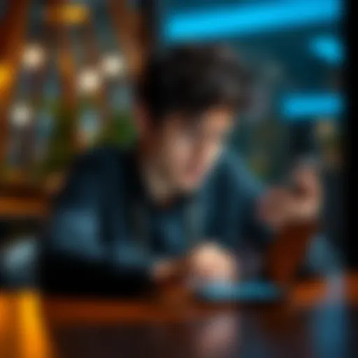 Frustrated Revolut user looking at their phone A person sitting at a table with a worried expression while looking at their phone, reflecting frustration over blocked salary payments