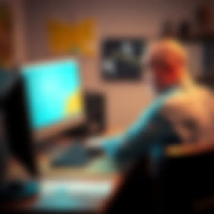 A frustrated person sitting at a desk looking at a computer screen with a blinking interface, expressing confusion about selling land online.