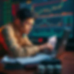 Frustrated Trader A person looking stressed while monitoring cryptocurrency charts on a laptop, surrounded by financial papers and a smartphone.