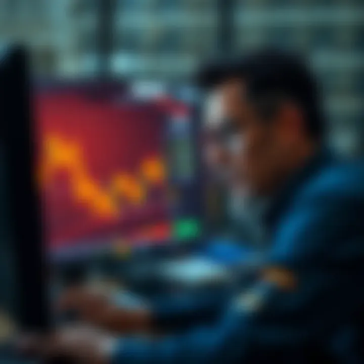 A stressed trader staring at a computer screen showing declining stock charts, reflecting disappointment and hope for market recovery