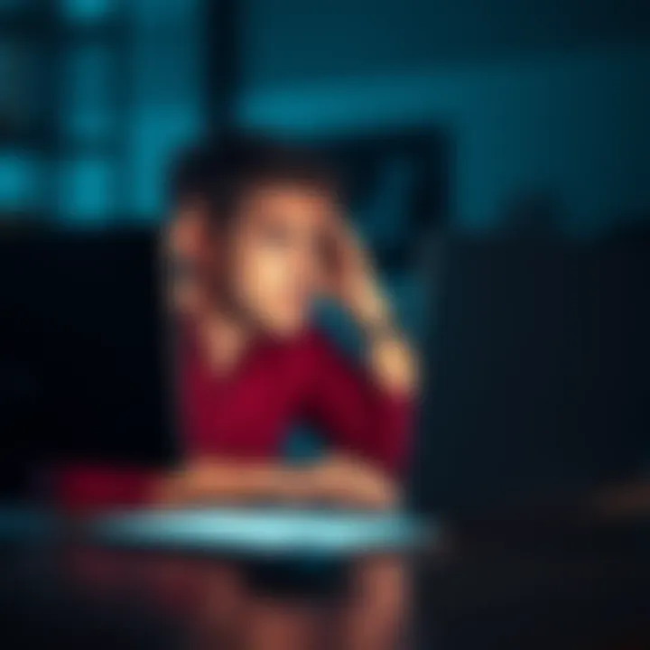 A concerned person sitting at a desk, staring at a computer screen with a worried expression, symbolizing account closure frustration